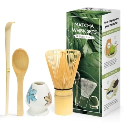 Afbeelding van 4 delige matcha set Japanse ceremonies, natuurlijke bamboe garde, lepel, schep, gardehouder, voor theeceremonie, drank glanzend wit/blauwe bloem