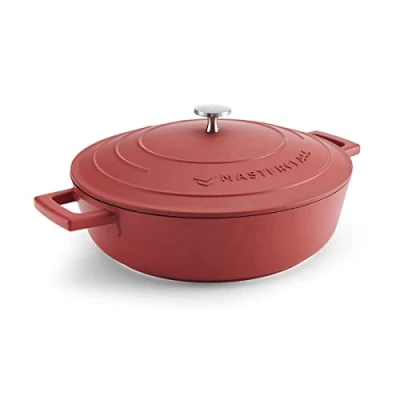 Afbeelding van MasterClass Ondiepe braadpan met deksel, 4 l/28 cm, licht gegoten aluminium, geschikt voor inductie en oven, rood