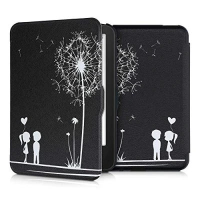 Afbeelding van kwmobile E reader hoesje geschikt voor Tolino Vision 1 / 2 3 4 HD hoes flip case met magnetische sluiting Ereader cover Paardenbloemen Liefde design in wit zwart