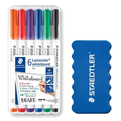 Afbeelding van Staedtler 301 WP6P1X whiteboard stift Lumocolor lijnbreedte ca. 1 mm droog en streepvrij afwisbaar, sneldrogend, 6 kleuren met spons