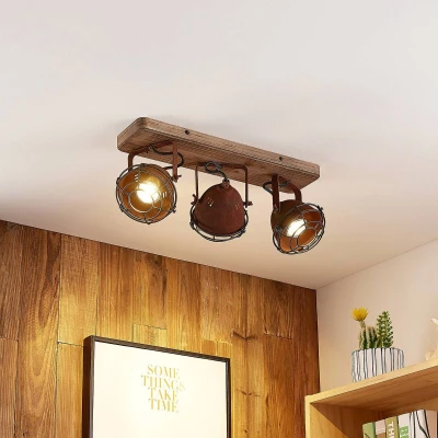 Afbeelding van Lindby plafondspot Farovi, 45 cm, roest, 3 lamps, hout, metaal