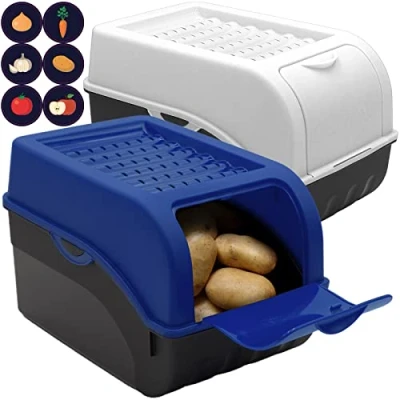 Afbeelding van ARTECSIS Set van 2 bewaarboxen voor aardappelen, donkerblauw / wit, aardappeldoos met deksel ca. 4 kg aardappelen + 6 stickers groentesoorten