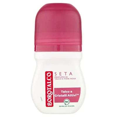 Afbeelding van Borotalco, Deodorant Roll On Silk formule zonder alcohol en talk met actieve kristallen, drievoudige bescherming droog, talkgeur roze bloemen, 48 uur effectiviteit, 1 fles van 50 ml