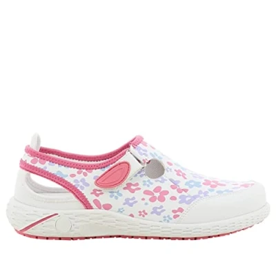 Afbeelding van SAFETY JOGGER Oxypas Lina Werkschoenen voor dames, lichte en comfortabele veiligheidsschoenen met klittenbandsluiting, ideaal verzorging, ziekenhuis, keuken of indoor, antislip, wit bloemen