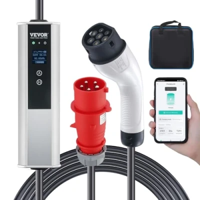 Image de VEVOR Chargeur EV Portable Type 2 IEC6219 Voiture Électrique 32 A 7,36 kW Monophasé 22 Triphasé Câble de Charge 7,5 m Prise CEE LCD IP66 avec Sac Rangement Crochet