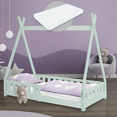 Afbeelding van Kinderbed met uitvalbeveiliging en lattenbodem 80x160 cm mint gemaakt van grenenhout ML Design