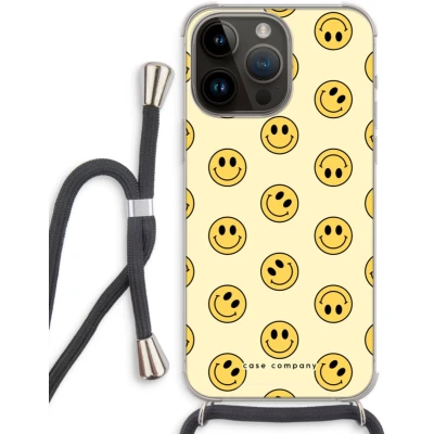 Afbeelding van Case Company® hoesje met Koord geschikt voor iPhone 14 Pro Max Smiley N2 Telefoonhoesje Zwart Extra Bescherming aan alle Kanten en Over de Schermrand