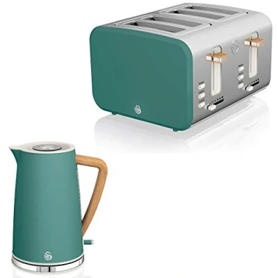 Afbeelding van Swan Nordic Broodrooster met brede sleuf, 4 schijven, 3 functies, modern design, houteffect, groen, 1,7 l, 2200 W