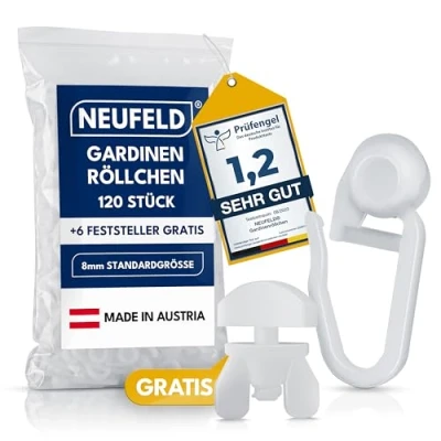 Afbeelding van Neufeld® Gordijnrunners, glijders, voor binnenlooprails, inclusief 6 stoppers, wasbaar, gordijnhaken, 8 mm standaardgrootte, 120 stuks