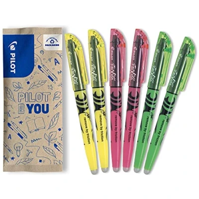 Afbeelding van PILOT FriXion Light, uitwisbare markeerstiften, set van 6 (neongeel, neonroze, groen)