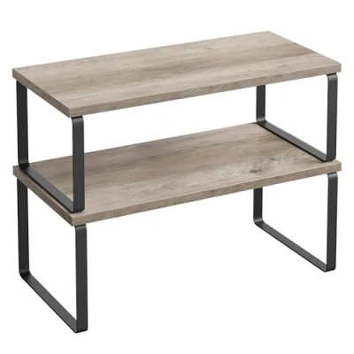 Afbeelding van SONGMICS KCS200X02 Set van 2 stapelbare kruidenrekken metaal en houtmateriaal zwart inkt/greige gemêleerd