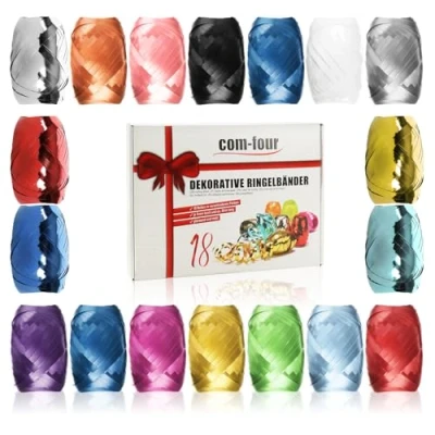 Afbeelding van com four® 18 x gestreept lint in heldere kleuren, 20 m per rol, alle linten voor handwerk en verpakking, polyband geschenkdoos (decoratief)