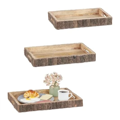 Afbeelding van Relaxdays houten dienblad serveerblad met rand set van 3 handgrepen rustiek