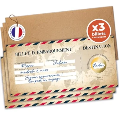 Afbeelding van aliceandberry Kraskaart voor verrassingsreis, personaliseerbare instapkaart om cadeau te geven, vliegtuigticket, verjaardag, reizen, verrassing, in het Frans, vintage model (3 kaarten)