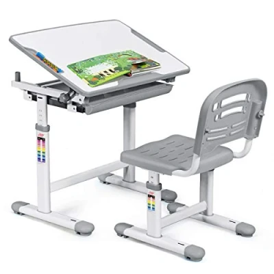 Afbeelding van COSTWAY Kinderbureau set tafel en stoel voor kinderen, ergonomische tekentafel met lade, in hoogte verstelbaar (grijs)