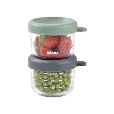 Afbeelding van Béaba Set van 2 Glazen Bewaardoosjes Vershouddoosjes Portiepotjes 150 ml Luchtdicht &amp; Stapelbaar Grijs/Groen