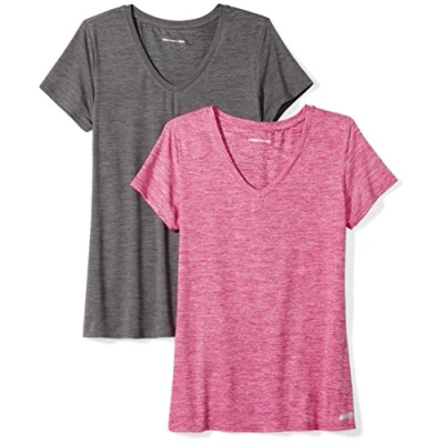 Image de Amazon Essentials T shirt Tech à manches courtes et col en V, extensible (disponible grande taille) Dames, 2 Pack, Charbon Chiné Teinture Spatiale/Rouge Framboise Spatiale, L