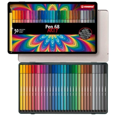 Image de STABILO Stylos feutres Pen 68, étui métallisé de 30 pièces largeur tracé: 1,0 mm, encre inodore à base d&#039;eau, peut rester ouvert 24 heures sans sécher, point