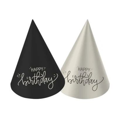 Afbeelding van Folat Mini feesthoedje crème noir happy birthday 6 stuks
