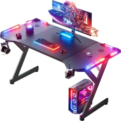 Afbeelding van HLONONE Led gamingbureau, 140 x 60 cm, gamingtafel met led, stabiele pc tafel koolstofvezelcoating, bekerhouder en hoofdtelefoonhaak, zwart