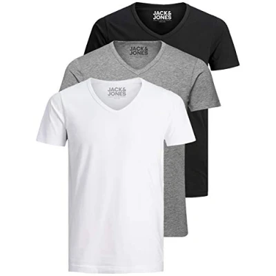 Afbeelding van Jack and Jones Basic T shirt voor heren, V hals, verpakking van 3 stuks, effen, slim fit, in wit, zwart, blauw, grijs, Kleur Mix 1, L