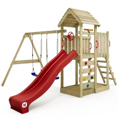 Afbeelding van WICKEY speeltoestel klimtoestel MultiFlyer met houten dak, schommel &amp; rode glijbaan, outdoor klimtoren voor kinderen zandbak, ladder speel accessoires de tuin
