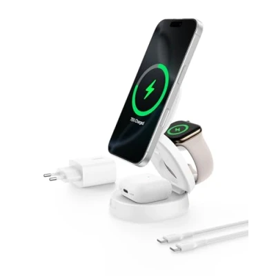 Afbeelding van Belkin 3 in 1 opvouwbaar oplaadstation, MagSafe compatibele inductie oplader, Qi2 gecertificeerd, 15 W, voor iPhone 16, Apple Watch, AirPods, antislip basis, 36 W voedingsadapter inbegrepen, wit