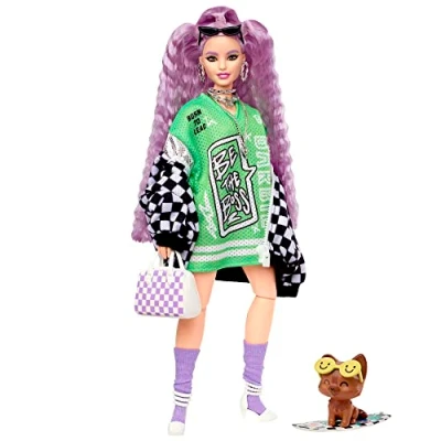 Afbeelding van Barbie Extra pop in zwart wit renwagejack met paars haar