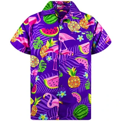 Afbeelding van King Kameha Hawaiiaans Overhemd Hawaii Shirt Heren Korte Mouw Voorvak Hawaiian Afdrukken Flamingo Meloen, Melon Paars, 3XL