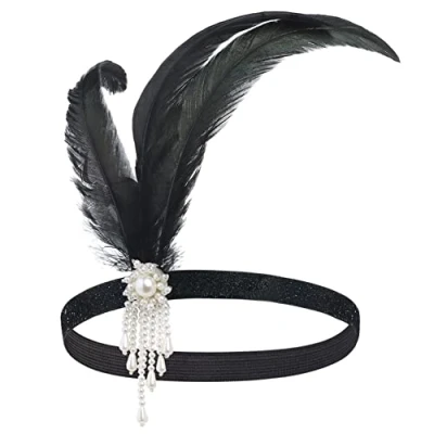 Afbeelding van BABEYOND hoofdband Gatsby kristal jaren 20 veer flapper accessoires Charleston vintage wit