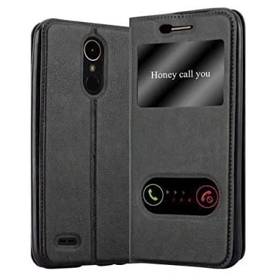 Afbeelding van Cadorabo Hoesje geschikt voor LG K10 2017 in KOMEET ZWART Beschermhoes met magnetische sluiting, standfunctie en 2 kijkvensters Book Case Cover Etui