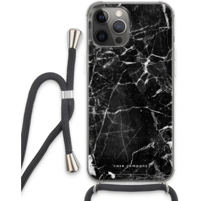 Afbeelding van Case Company® hoesje met Koord geschikt voor iPhone 13 Pro Max Zwart Marmer Telefoonhoesje Extra Bescherming aan alle Kanten en Over de Schermrand