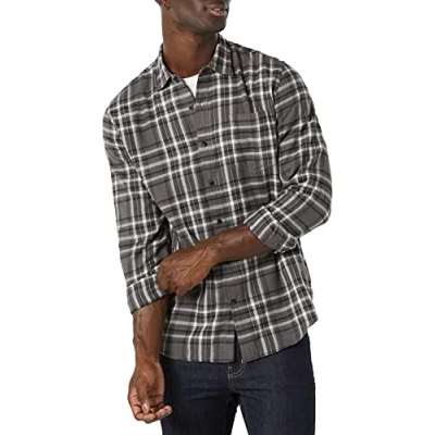 Image de Amazon Essentials Chemise en flanelle à manches longues (grandes tailles disponibles) Homme, Gris Écossais, L