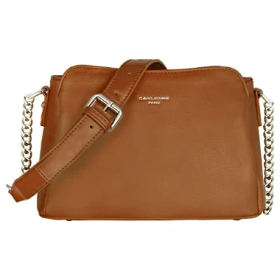 Afbeelding van DAVID JONES Kleine schoudertas voor dames handtas ketting 3 zakken messenger tas telefoon PU leer stad reizen winkelen mode chic, Cognac bruin, Chique