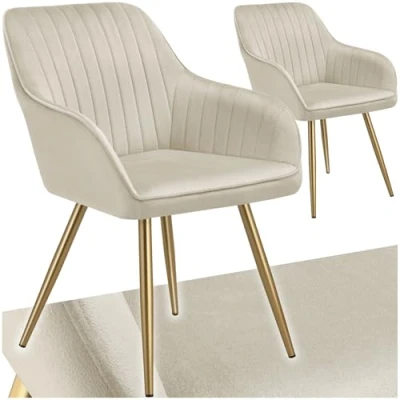 Afbeelding van tectake® 2 x Fluwelen Stoel set van Eetkamerstoelen Met Gewatteerde Stof, Moderne Keukenstoelen, Comfortabele Fauteuil Voor Woonkamer, Eetkamer, Lounge creme / goud