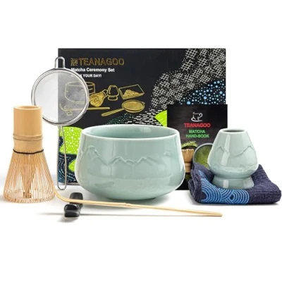 Afbeelding van TEANAGOO Japanse Matcha set (7 stuks) garde Mtacha Kit Bowl Bamboe (Chasen) Scoop (chashaku) Whisk Holder. N26, Celadon Blauw, Groene Theepoeder...