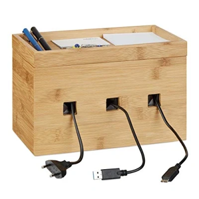 Afbeelding van Relaxdays kabelbox bamboe kabelmanagement hout bureau multi oplaadstation cable box