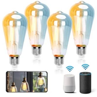 Afbeelding van Aigostar Alexa slimme gloeilamp, E27, 6 W, Edison, vintage wifi, ST64, retrolamp, compatibel met en Google Home, dimbaar 2700 K 6500 K, afstandsbediening via app, goud, 4 stuks