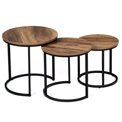 Image de Lot de 3 tables basses gigognes HAWKINS rondes 30/40/45 bois foncé design industriel