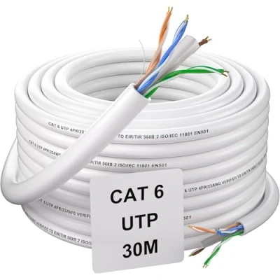 Afbeelding van Ethernet kabel, 30 m, RJ45, Cat 6, internetkabel, buiten, UTP, installatiekabel, 23 AWG, waterdicht, hoge snelheid, vezel, LAN Gigabit extra lange patch, wit