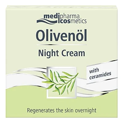 Afbeelding van Medipharma Cosmetics Olivenol Night Cream Hydraterende Anti rimpel gezichtscrème 50 ml aging behandeling met olijfolie, jojoba olie en sheaboter voor de droge huid (dames heren)