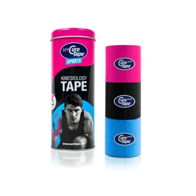 Afbeelding van My CureTape® Sports Pink, black en Blue koker met 3 rollen Extra kleefkracht (kinesiotape, kinesiologie tape, fysiotape, sporttape)