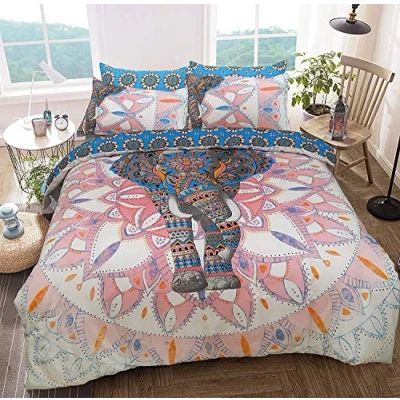 Afbeelding van Sleepdown Beddengoedset met olifanten en mandala motief, onderhoudsarm, zacht, hypoallergeen, kussenslopen, katoen, polyester, roze/blauw, kingsize dekbedovertrek