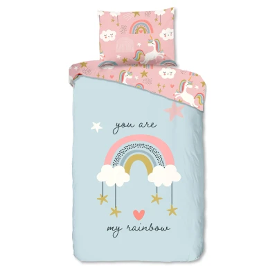 Afbeelding van Cheqo® Dekbedovertrek voor Kinderen 140x200 cm Eenhoorns en Regenbogen Print Roze/Blauw 1 Persoons 100% Katoen