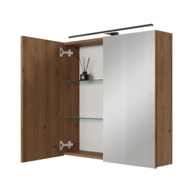 Afbeelding van Planetmöbel ARIA Spiegelbadkamerkast met verlichting, 70 cm breed, om op te hangen, spiegel, gouden eiken, lamp en stopcontact, spiegelkast voor gasten, x 16