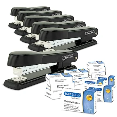 Afbeelding van Rapesco 1733 Business Pack: 6 Germ Savvy antibacteriële Marlin nietmachines, capaciteit van 25 vellen en 12 dozen met 1000 nietjes 26/6 mm, zwart