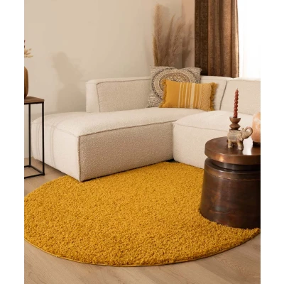 Afbeelding van Rond Hoogpolig Vloerkleed Shaggy Trend Effen Okergeel 120 Cm