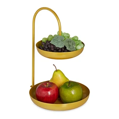 Afbeelding van Relaxdays fruitschaal etagère 2 laags dubbele fruitmand goud rond keuken metaal