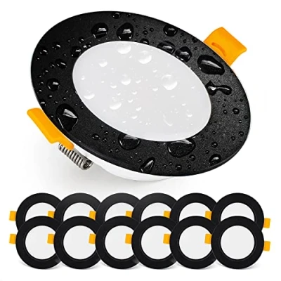 Afbeelding van Emos Exclusieve led inbouwspot downlight plafondspots IP54 voor badkamer, vochtige ruimtes, koud wit 6000 K Set van 12 extra platte spots, rond, 5 watt (5 W) / 500 lumen, zwart