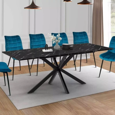 Image de Table à manger extensible rectangle ALASKA 6 10 personnes effet marbre noir et pied araignée métal 160 200 cm